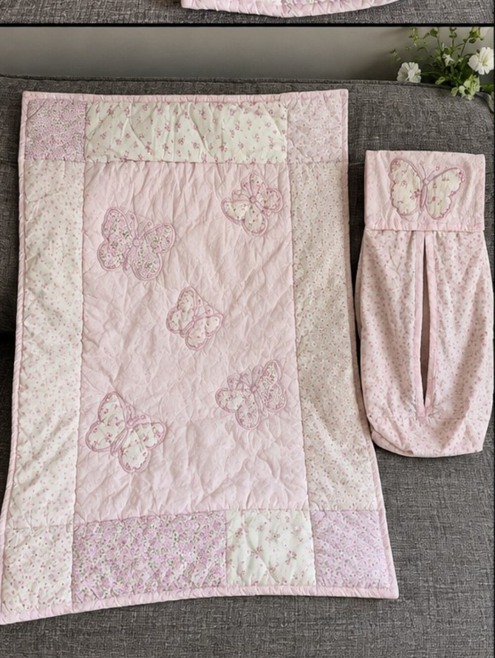Laura Ashley Baby Pink Butterfly Floral Quilt & Diaper Stacker Set